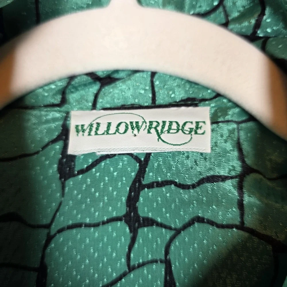 Vtg 80s Green Black Chiffon Top Willow Ridge Button Front High Neck Textured Dot - Picture 3 of 9